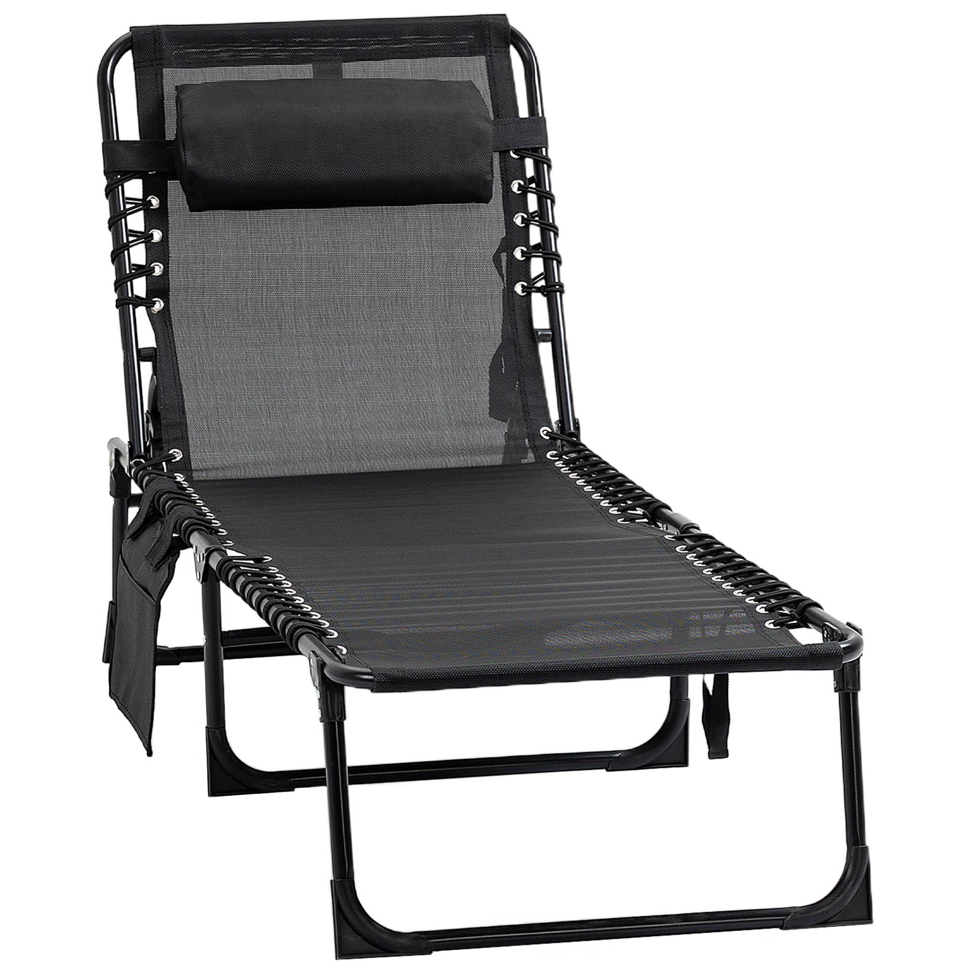 Chaise longue pliante avec coussin cervical, structure en acier, revêtement en tissu mesh, charge maximale 120 kg, noire - Image 2
