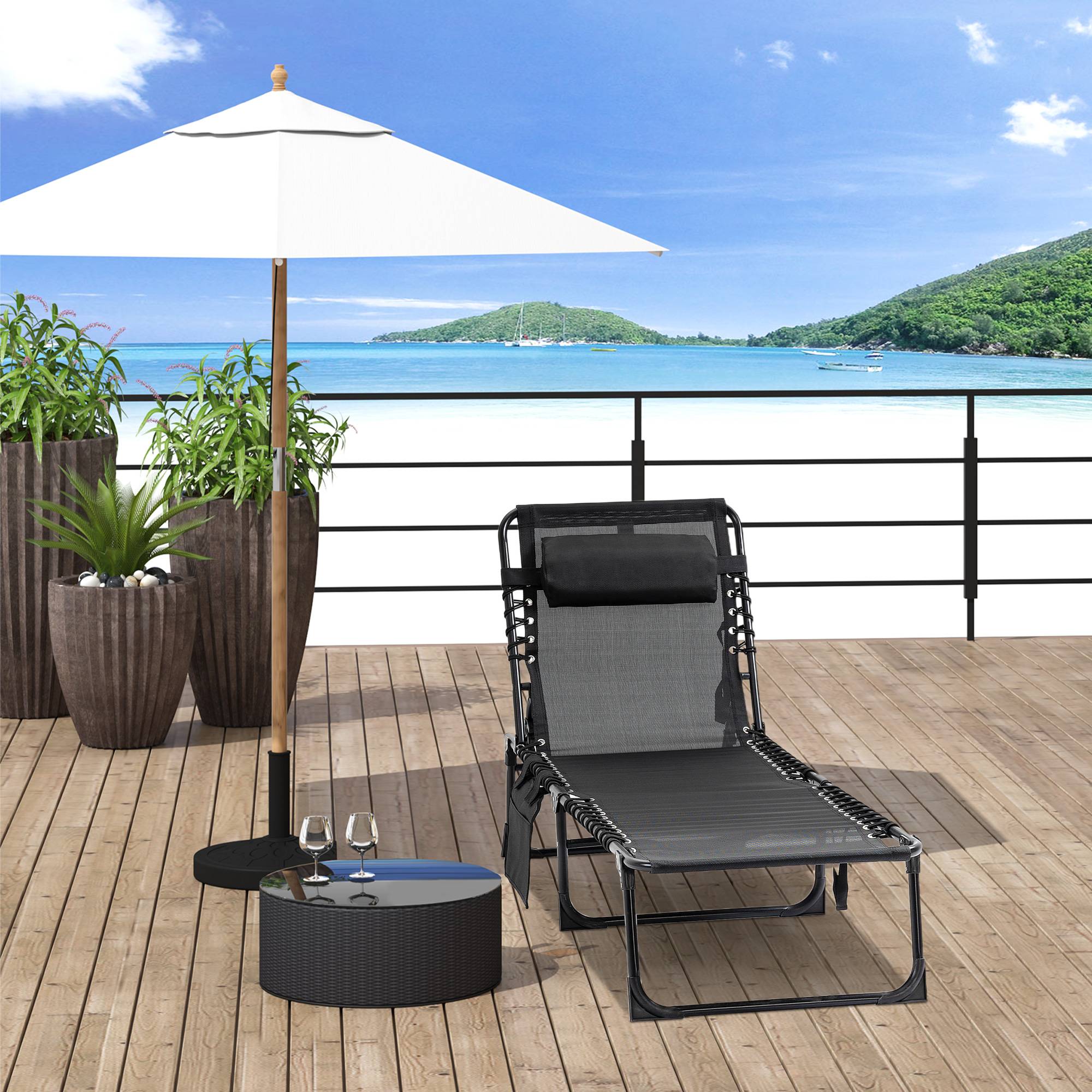 Chaise longue pliante avec coussin cervical, structure en acier, revêtement en tissu mesh, charge maximale 120 kg, noire - Image 4