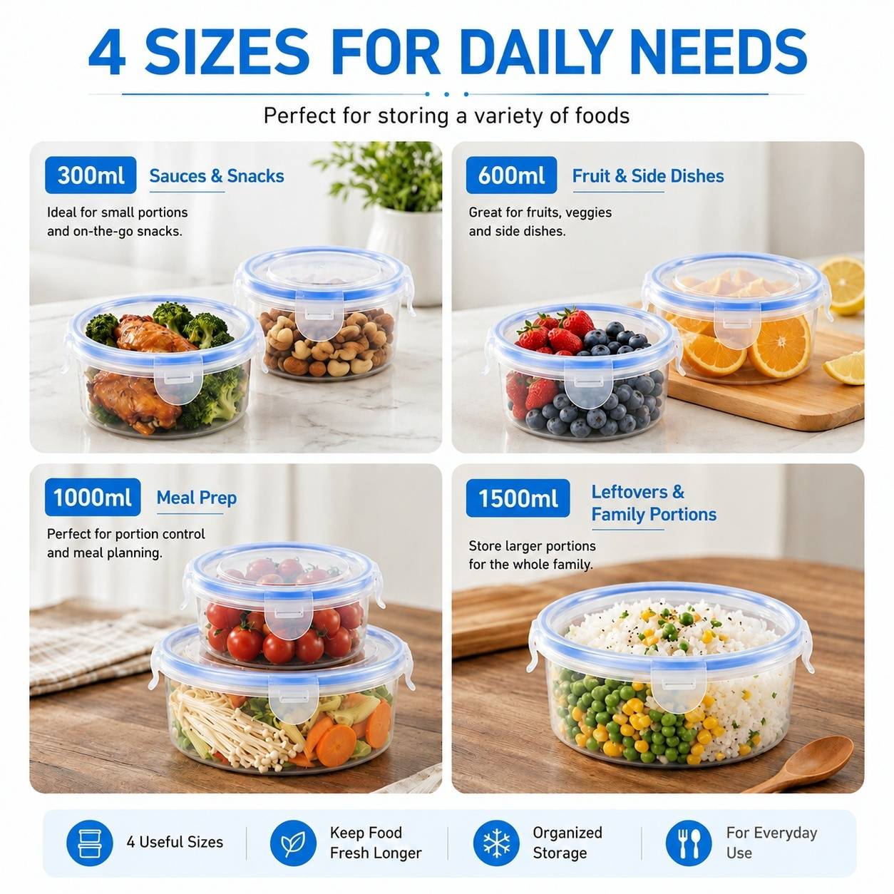 Lot de 8 Boîtes Alimentaires Rondes avec Couvercle Hermétique Empilables - Image 7