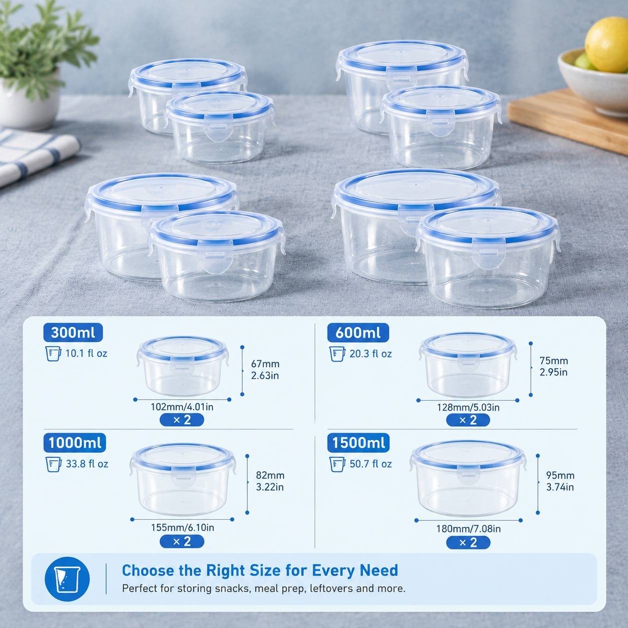 Lot de 8 Boîtes Alimentaires Rondes avec Couvercle Hermétique Empilables - Image 2