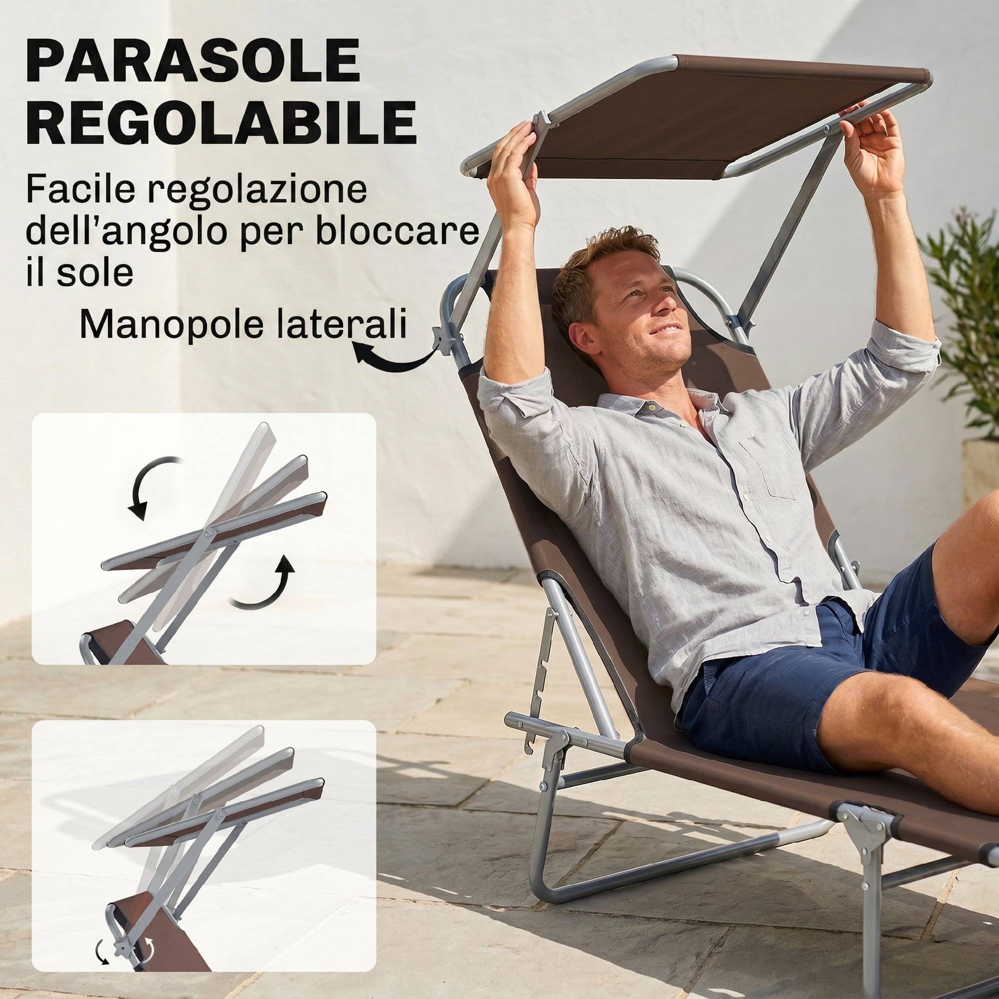 Sans Marque - Transat de jardin pliable et réglable avec auvent en tissu marron, 187 x 58 x 50 cm - Image 5