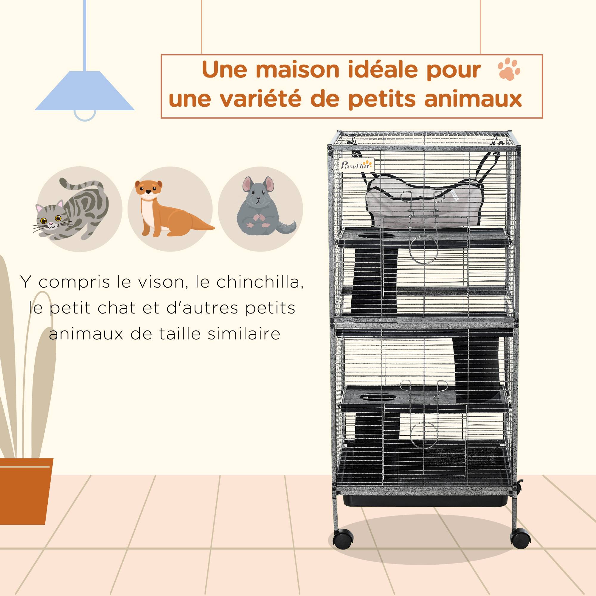 Cage pour petits animaux métal gris 52 x 52 x 114 cm - PANGIVO - Image 6