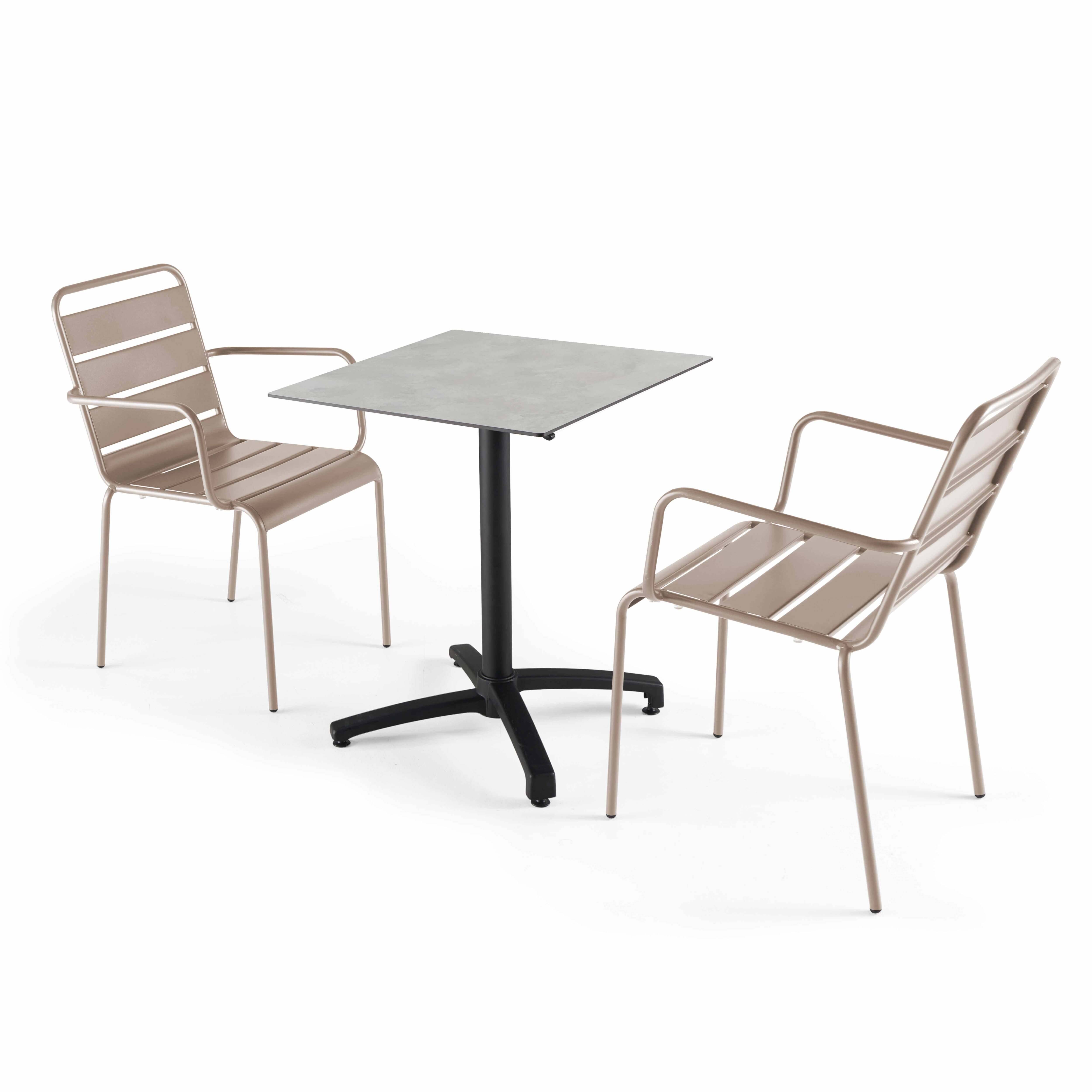 Oviala - Ensemble table 60 cm gris clair et 2 fauteuils en métal taupe - Oviala - Imagen 1