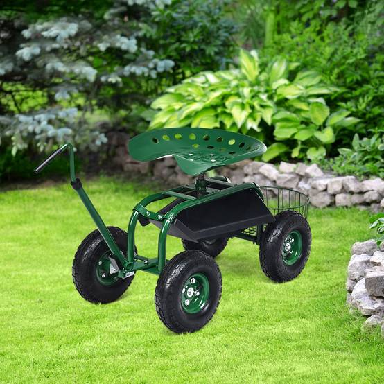 Chariot de Jardin avec Poignée Extensible Panier de Rangement et 2 Plateaux à Outils Scooter à 4 Roues 96,5 x 47,5 x 47-55 cm Vert - Image 4