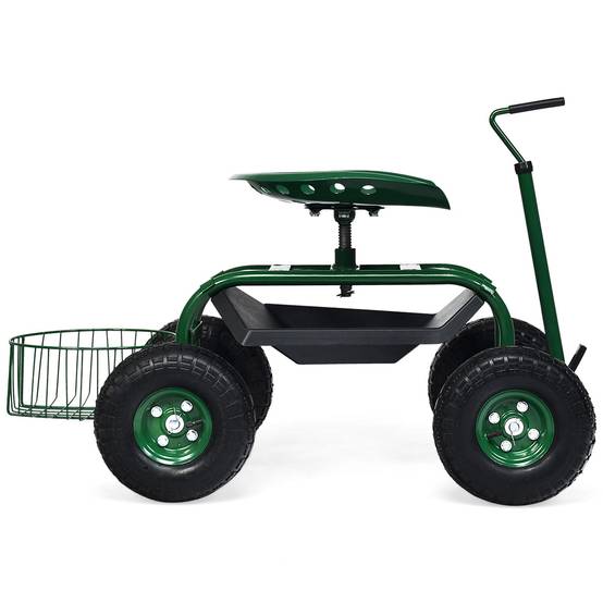 Chariot de Jardin avec Poignée Extensible Panier de Rangement et 2 Plateaux à Outils Scooter à 4 Roues 96,5 x 47,5 x 47-55 cm Vert - Image 6