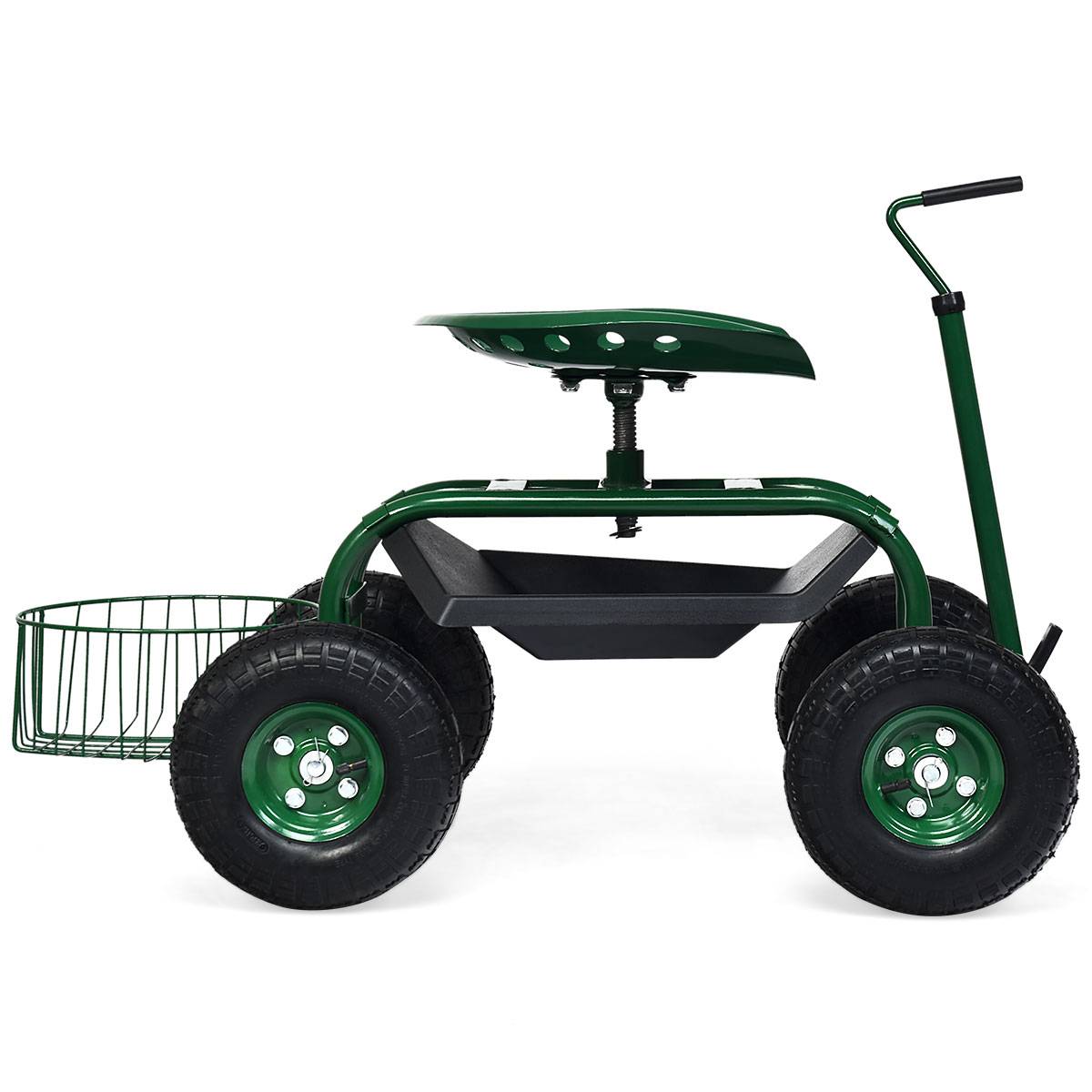 Chariot de Jardin avec Poignée Extensible Panier de Rangement et 2 Plateaux à Outils Scooter à 4 Roues 96,5 x 47,5 x 47-55 cm Vert - Image 6