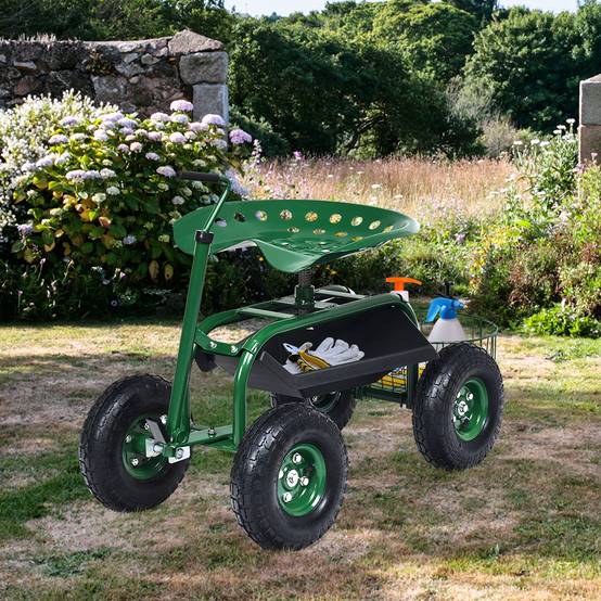Chariot de Jardin avec Poignée Extensible Panier de Rangement et 2 Plateaux à Outils Scooter à 4 Roues 96,5 x 47,5 x 47-55 cm Vert - Image 2