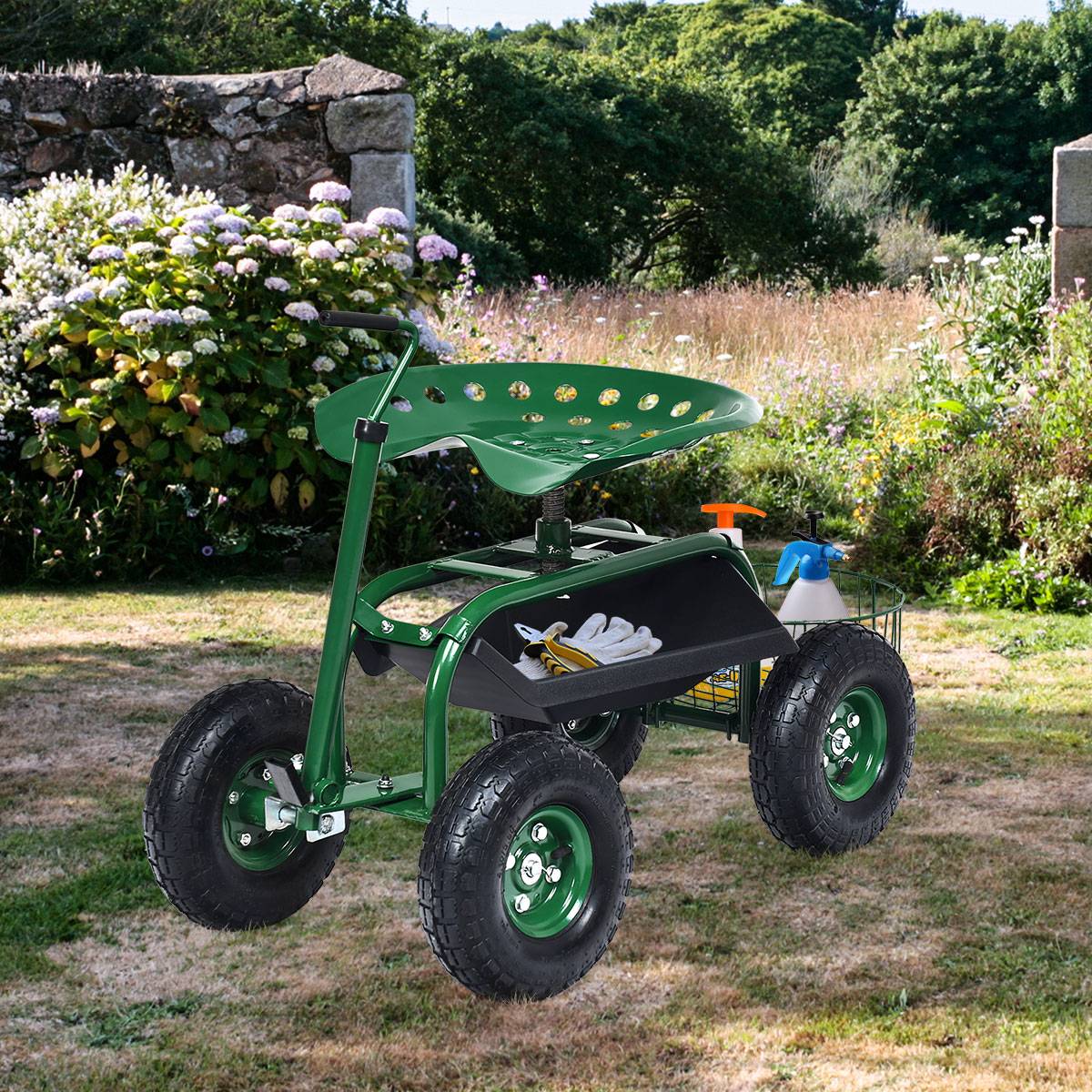 Chariot de Jardin avec Poignée Extensible Panier de Rangement et 2 Plateaux à Outils Scooter à 4 Roues 96,5 x 47,5 x 47-55 cm Vert - Image 2