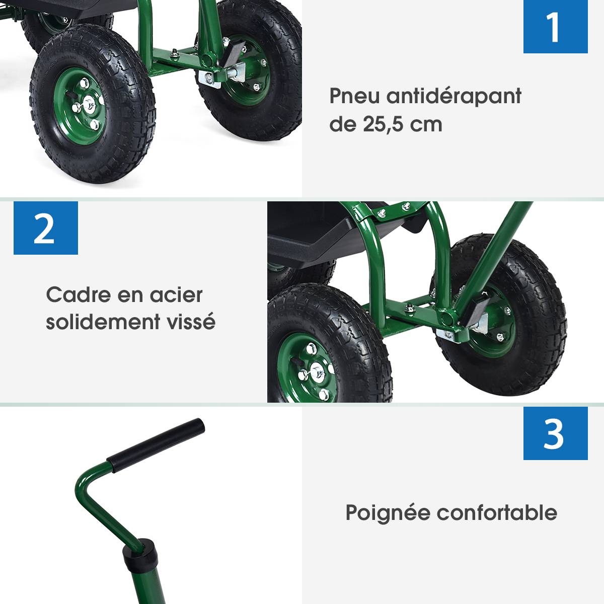 Chariot de Jardin avec Poignée Extensible Panier de Rangement et 2 Plateaux à Outils Scooter à 4 Roues 96,5 x 47,5 x 47-55 cm Vert - Image 8