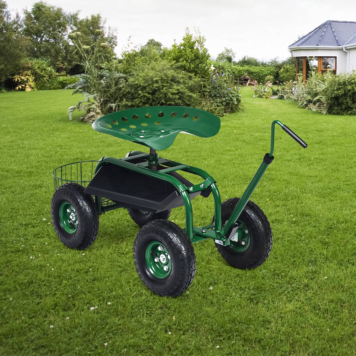 Chariot de Jardin avec Poignée Extensible Panier de Rangement et 2 Plateaux à Outils Scooter à 4 Roues 96,5 x 47,5 x 47-55 cm Vert - Image 3