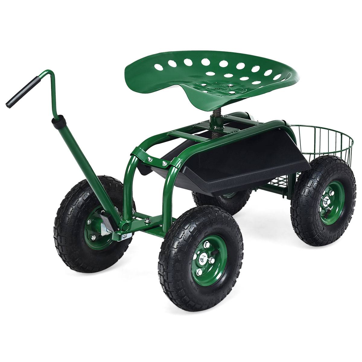 Chariot de Jardin avec Poignée Extensible Panier de Rangement et 2 Plateaux à Outils Scooter à 4 Roues 96,5 x 47,5 x 47-55 cm Vert - Image 1