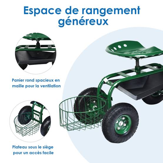 Chariot de Jardin avec Poignée Extensible Panier de Rangement et 2 Plateaux à Outils Scooter à 4 Roues 96,5 x 47,5 x 47-55 cm Vert - Image 9