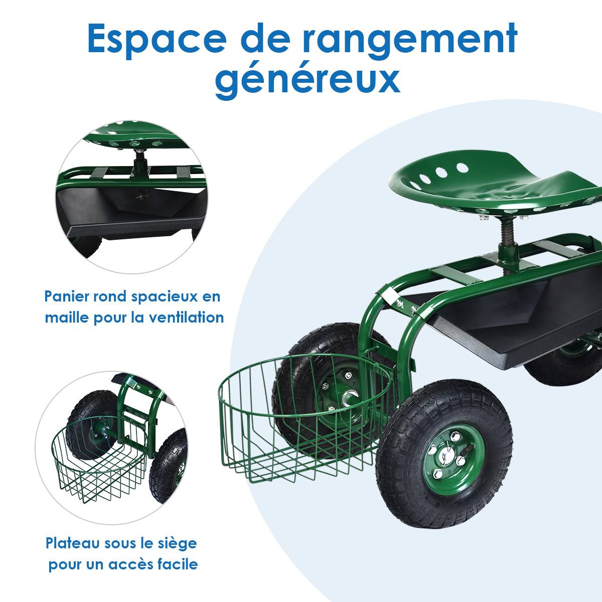 Chariot de Jardin avec Poignée Extensible Panier de Rangement et 2 Plateaux à Outils Scooter à 4 Roues 96,5 x 47,5 x 47-55 cm Vert - Image 9