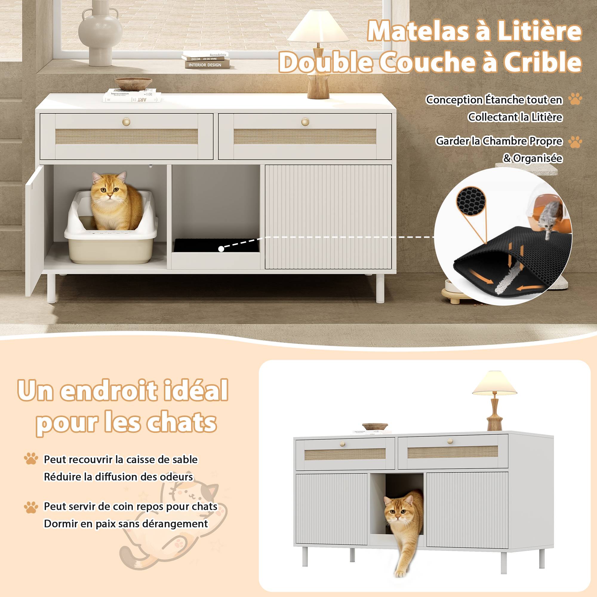 Meuble maison de toilette chat MDF intérieur double porte et tiroirs 120x50x65 Blanc - ComfortXL Outdoor Living - Image 4