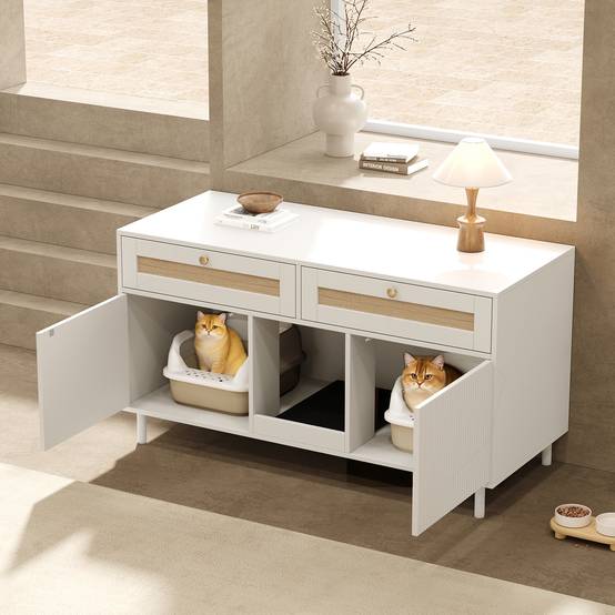 Meuble maison de toilette chat MDF intérieur double porte et tiroirs 120x50x65 Blanc - ComfortXL Outdoor Living - Image 5