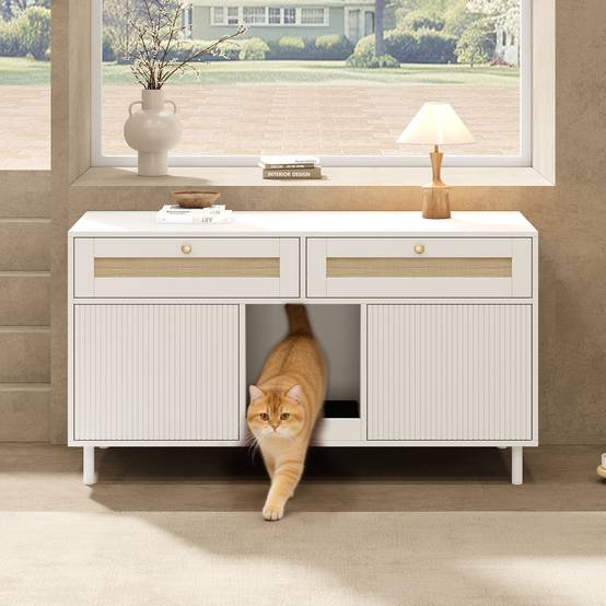 Meuble maison de toilette chat MDF intérieur double porte et tiroirs 120x50x65 Blanc - ComfortXL Outdoor Living - Image 7