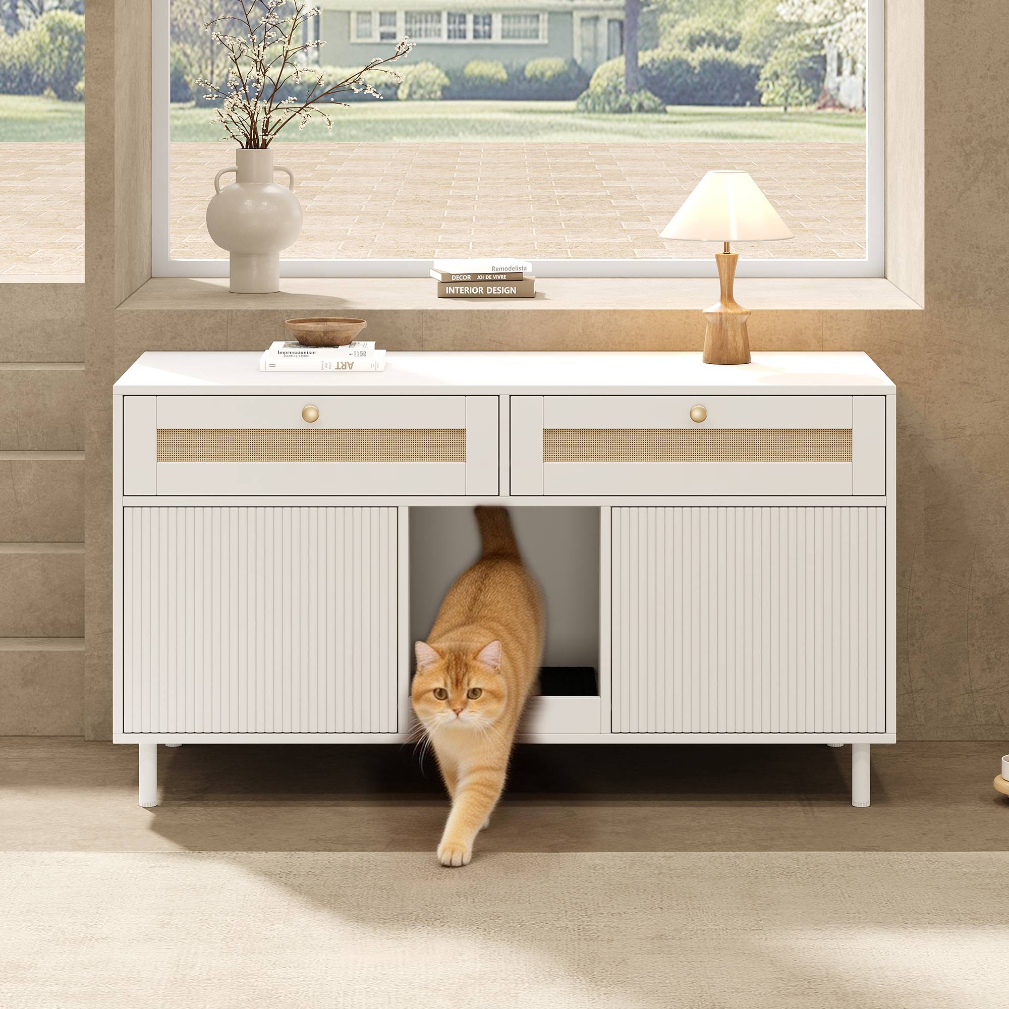 Meuble maison de toilette chat MDF intérieur double porte et tiroirs 120x50x65 Blanc - ComfortXL Outdoor Living - Image 7