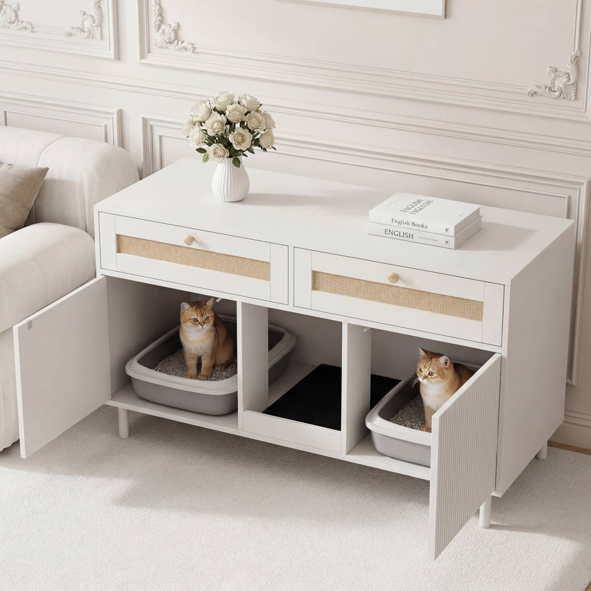 Meuble maison de toilette chat MDF intérieur double porte et tiroirs 120x50x65 Blanc - ComfortXL Outdoor Living - Image 1