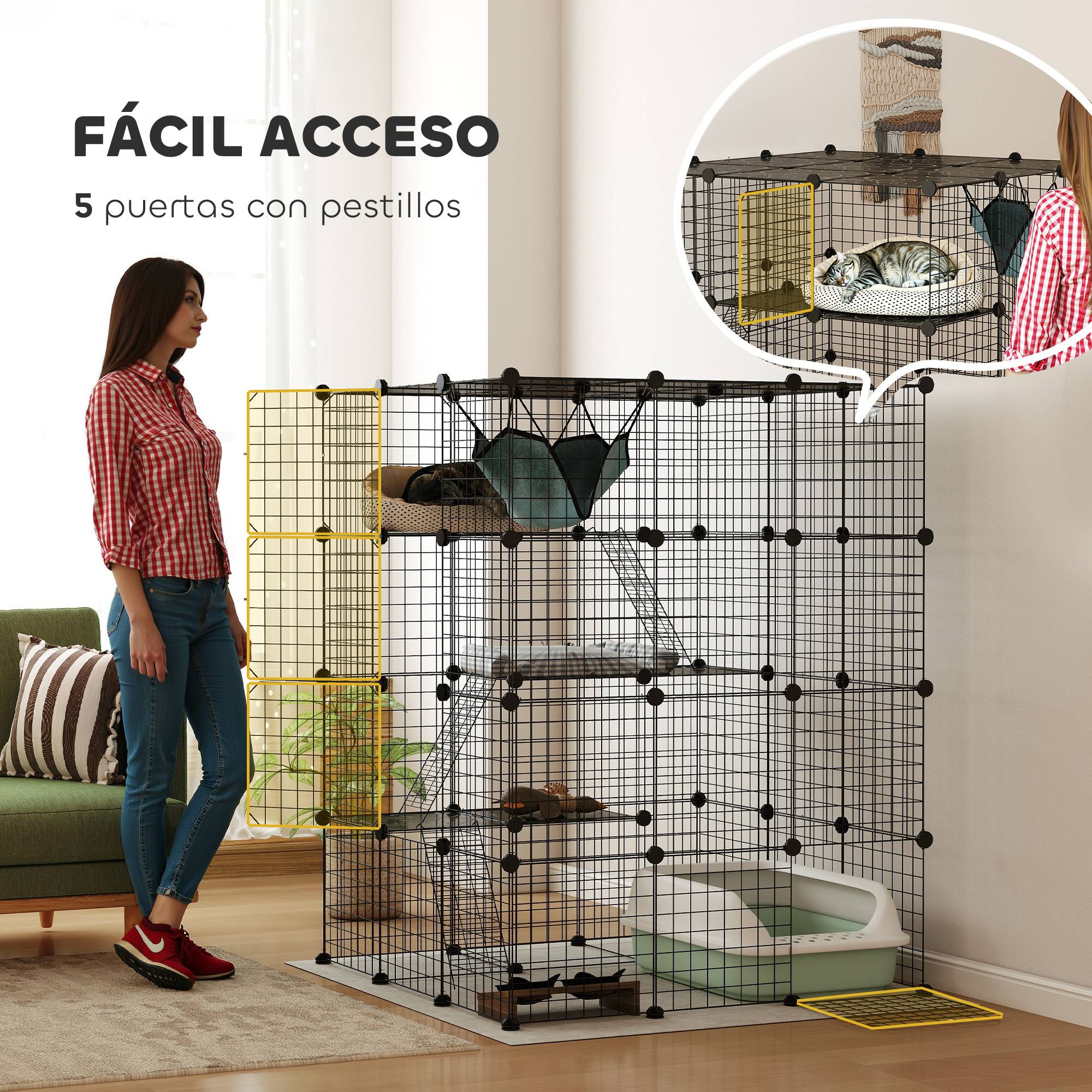 Grande cage d'intérieur à 4 niveaux pour chat, avec 5 portes, 3 plateformes de saut, 3 rampes et un hamac, 105 x 105 x 140 cm, noire - Image 8