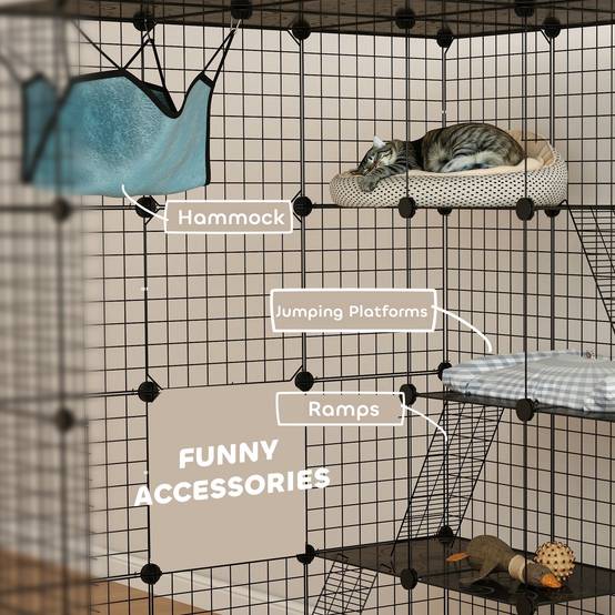 Grande cage d'intérieur à 4 niveaux pour chat, avec 5 portes, 3 plateformes de saut, 3 rampes et un hamac, 105 x 105 x 140 cm, noire - Image 9