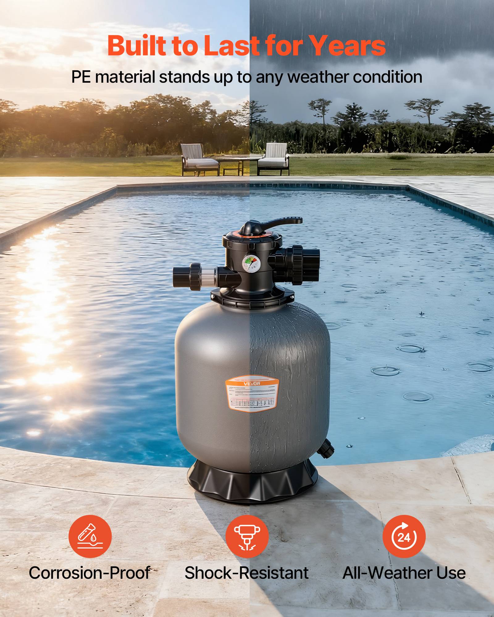 Vevor - VEVOR Filtre à sable 45,7 cm, 151,4 L/min pour piscines hors-sol et creusées, vanne 7 voies, PE anti-corrosion, raccords 1-1/2 pouces. - Image 4