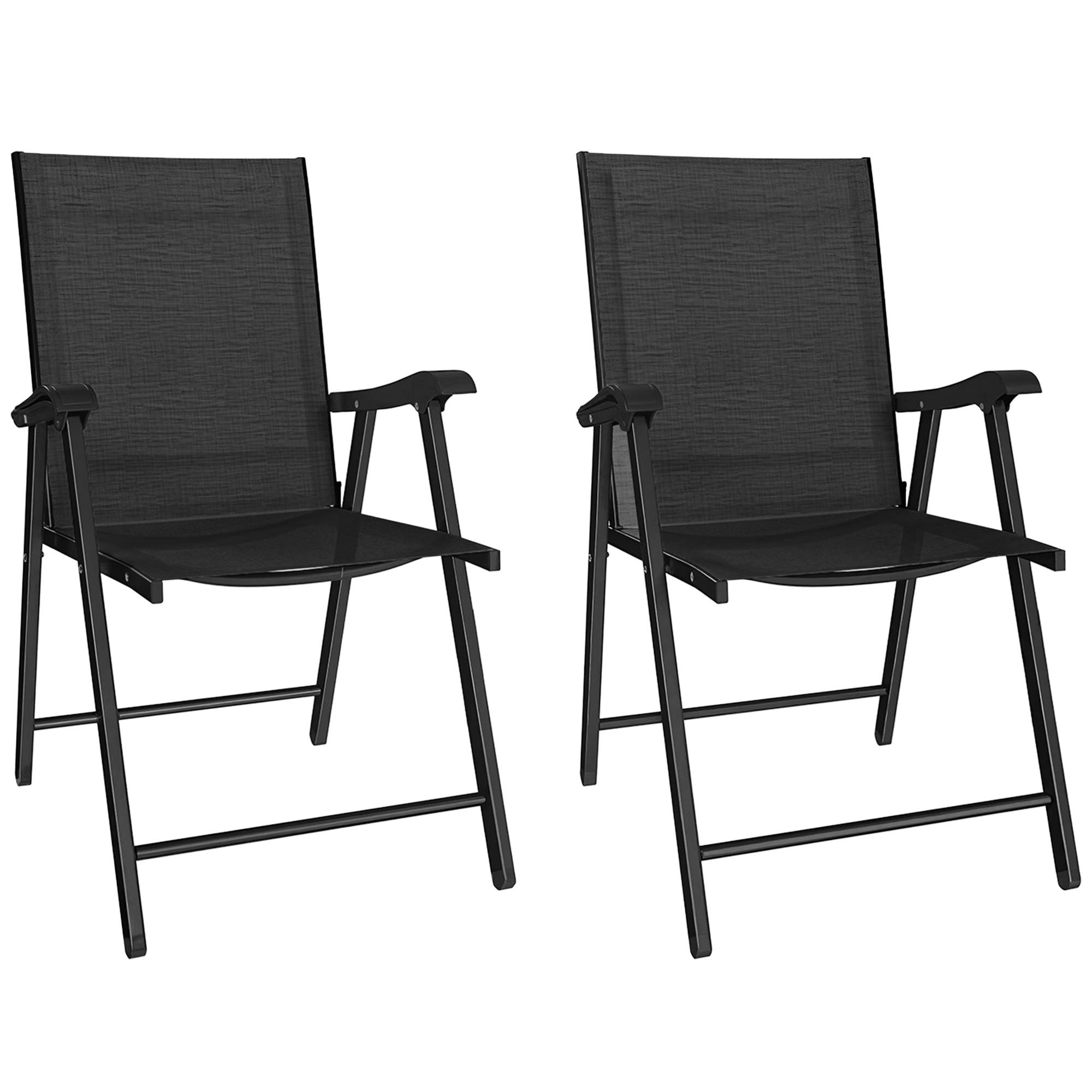 Lot de 2 chaises pliantes de jardin à accoudoir haut en texteline et acier, couleur noire, dimensions 58 x 62 x 97 cm