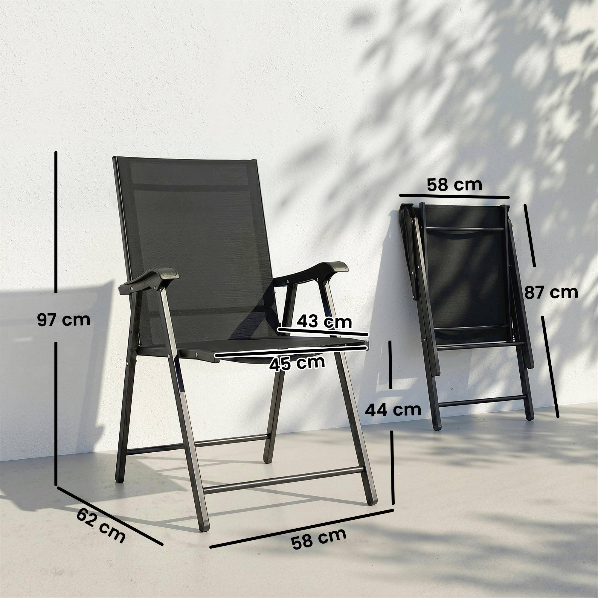 Lot de 2 chaises pliantes de jardin à accoudoir haut en texteline et acier, couleur noire, dimensions 58 x 62 x 97 cm - Image 3