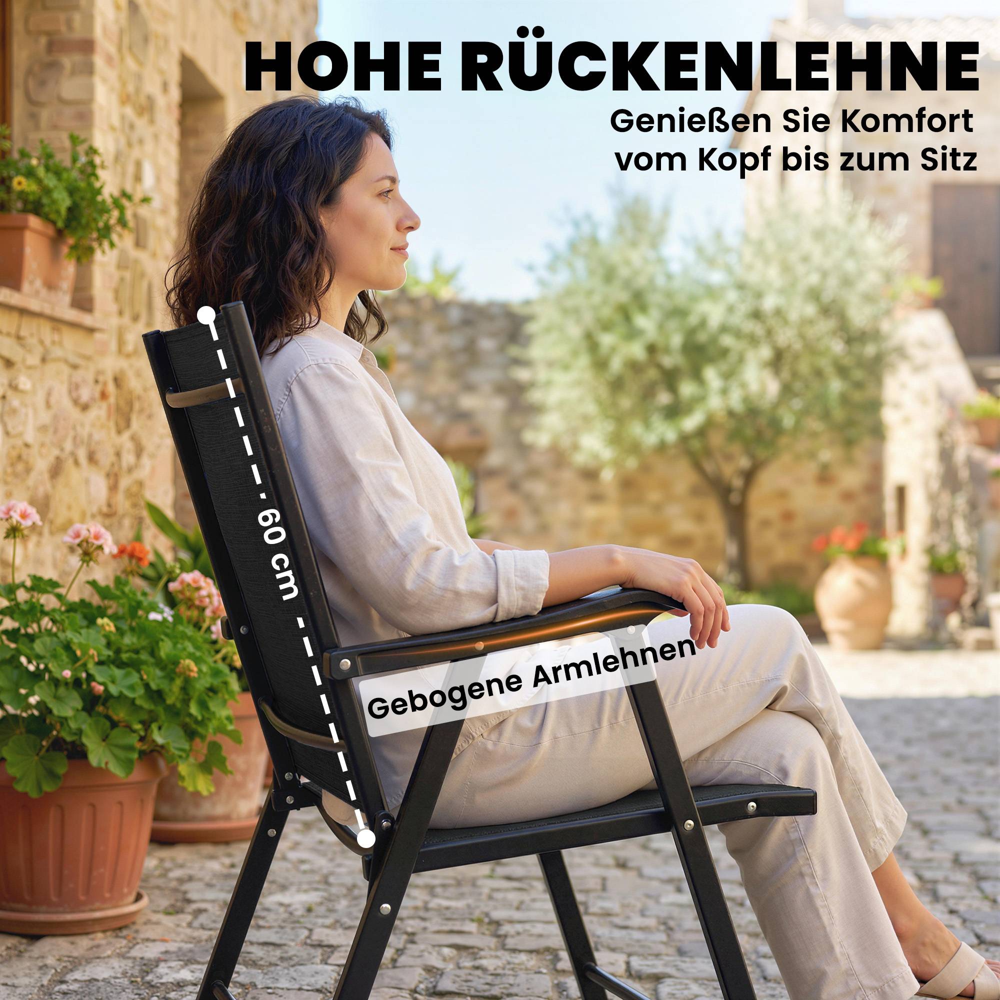 Lot de 2 chaises pliantes de jardin à accoudoir haut en texteline et acier, couleur noire, dimensions 58 x 62 x 97 cm - Image 4