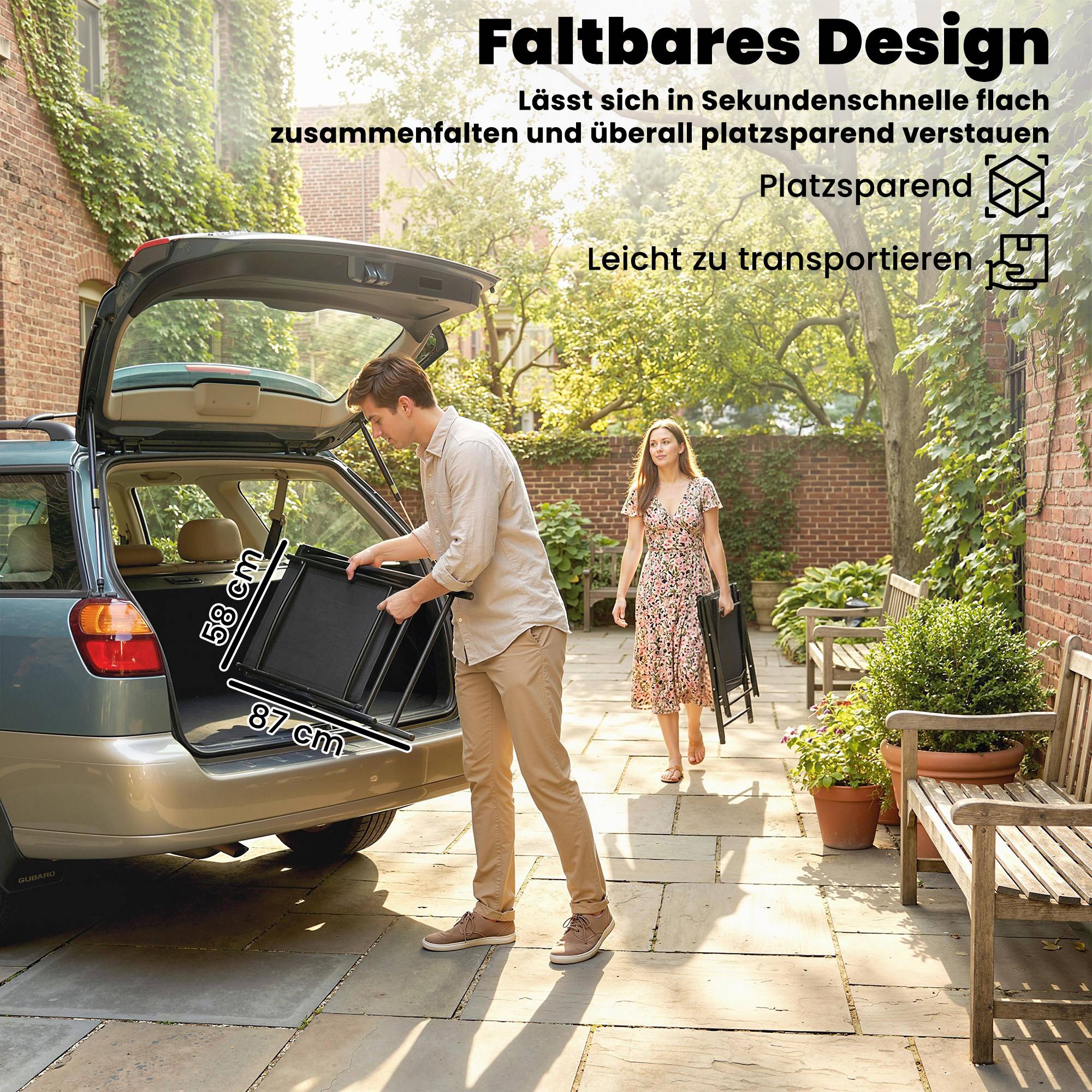 Lot de 2 chaises pliantes de jardin à accoudoir haut en texteline et acier, couleur noire, dimensions 58 x 62 x 97 cm - Image 5