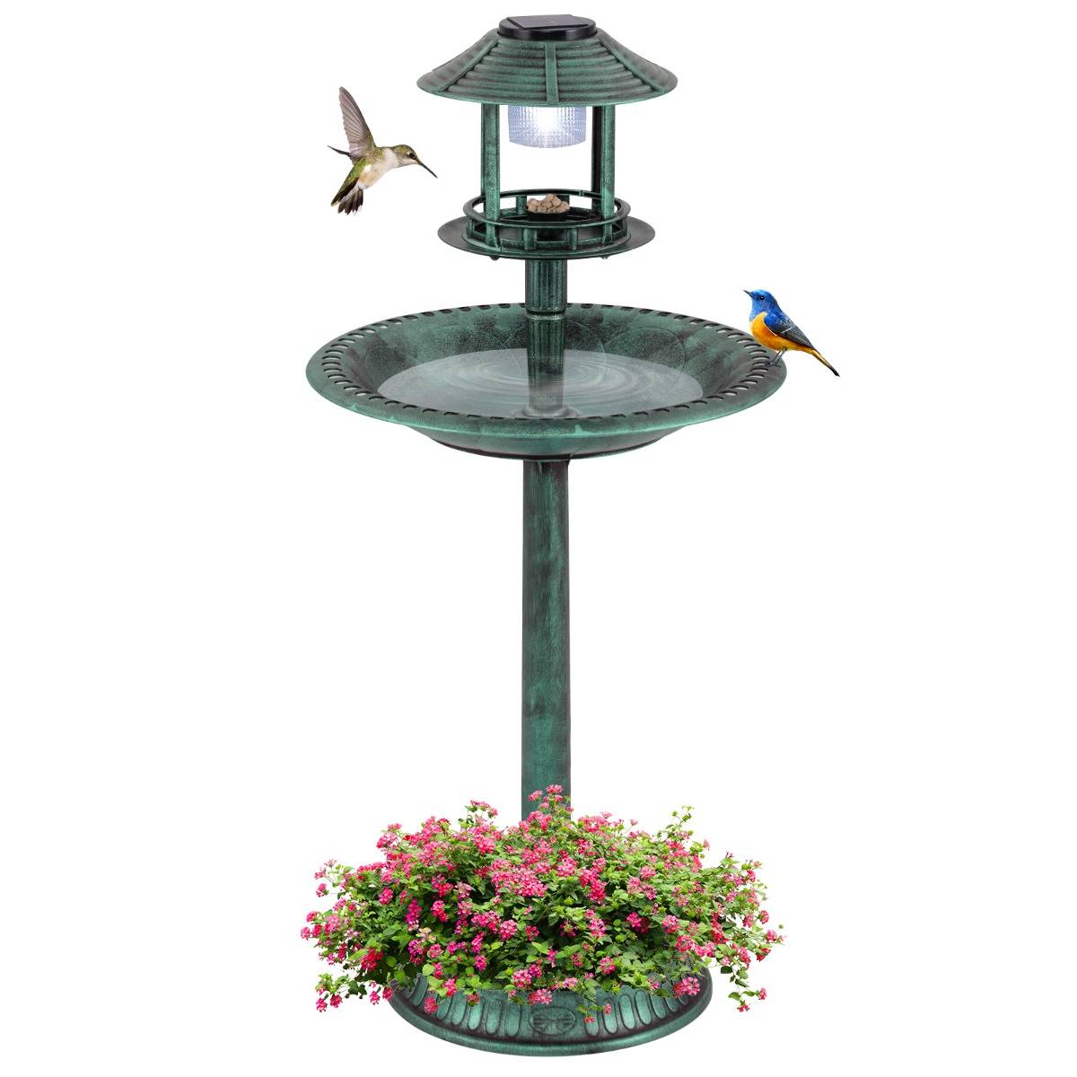 Maison Chic - Bain d'Oiseaux Solaire d'Extérieur Éclairé Nourrisseur d'Oiseaux 3 en 1 avec Base de Jardinière Lampe Solaire 51 x 51 x 107 cm Vert F63R