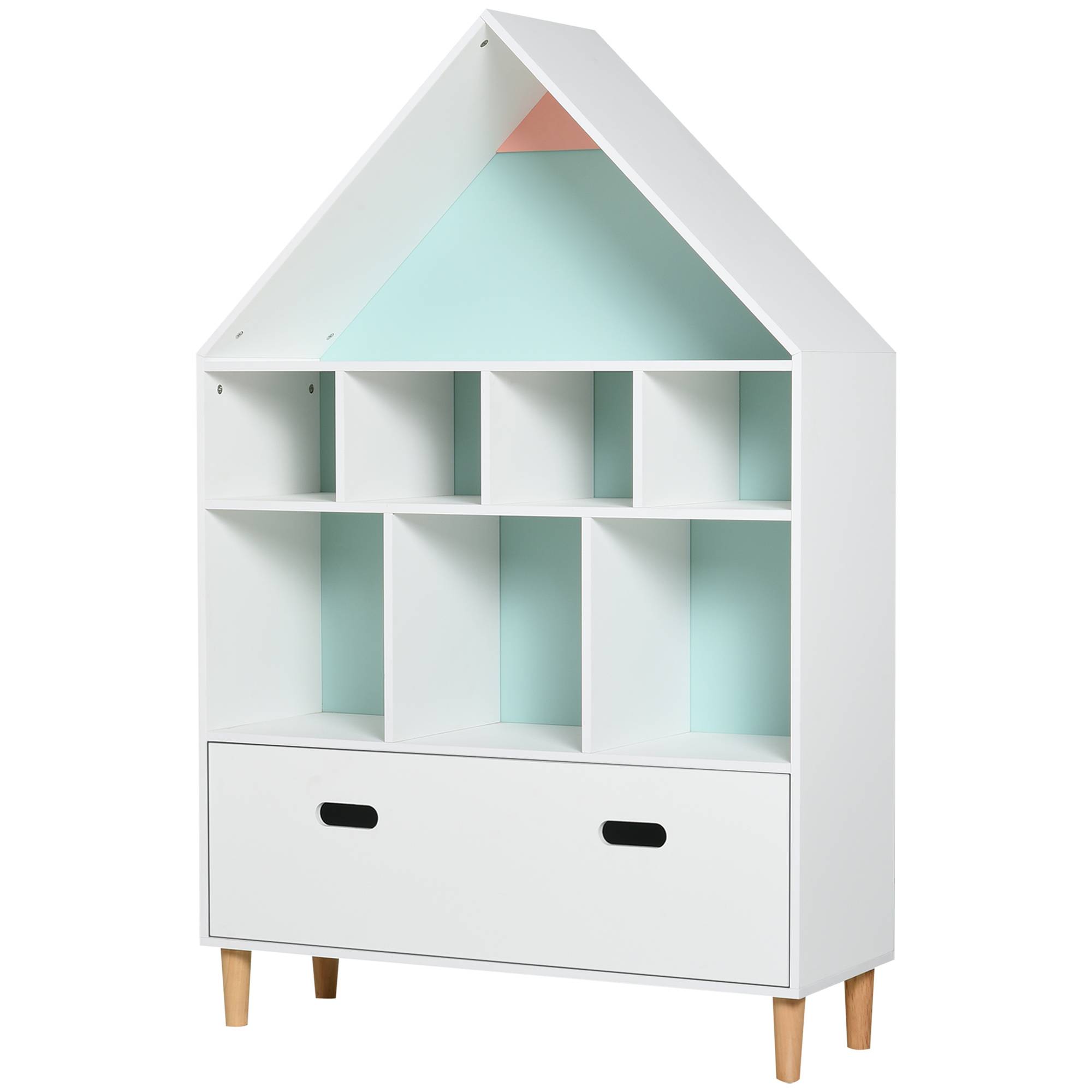 Bibliothèque enfant en bois, en forme de maison, avec 8 compartiments ouverts et un tiroir, 2 couleurs, 82 x 30 x 126 cm, blanche - Image 2