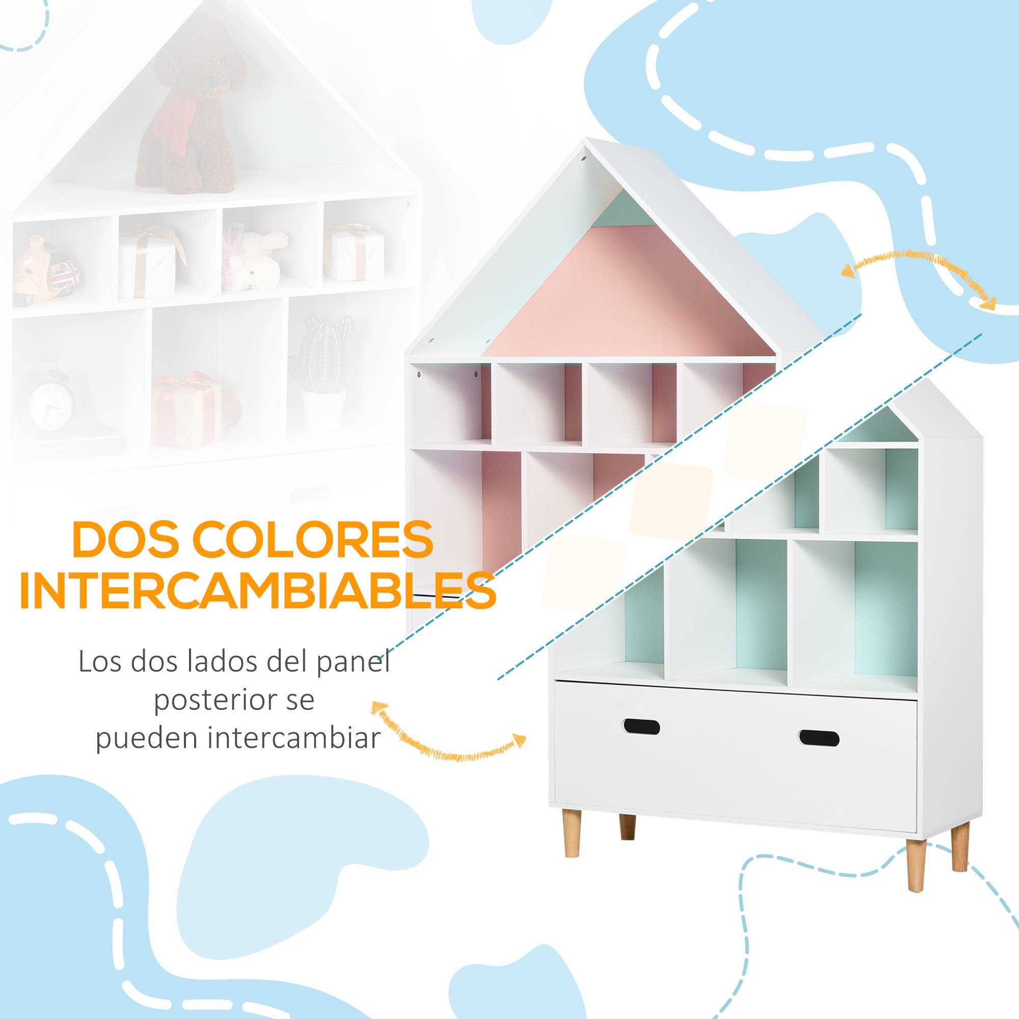 Bibliothèque enfant en bois, en forme de maison, avec 8 compartiments ouverts et un tiroir, 2 couleurs, 82 x 30 x 126 cm, blanche - Image 7