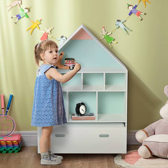Bibliothèque enfant en bois, en forme de maison, avec 8 compartiments ouverts et un tiroir, 2 couleurs, 82 x 30 x 126 cm, blanche - Image 3