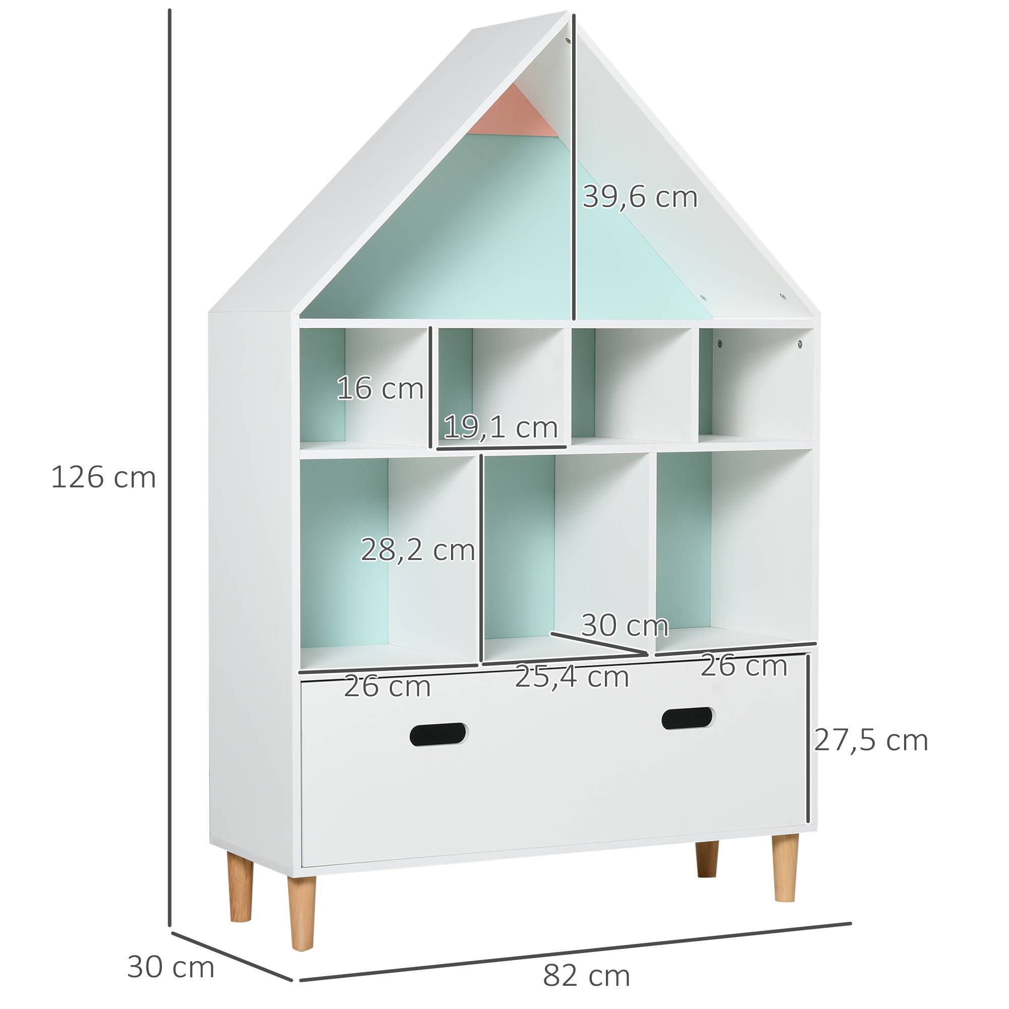 Bibliothèque enfant en bois, en forme de maison, avec 8 compartiments ouverts et un tiroir, 2 couleurs, 82 x 30 x 126 cm, blanche - Image 5