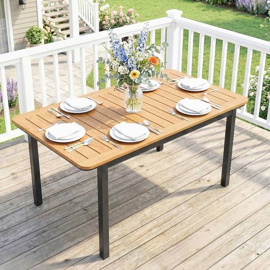 Table de Jardin 6 Personnes Rectangulaire en Bois Composite Cadre en Métal et Plateau à Lattes 127x70cm Marron - Image 3