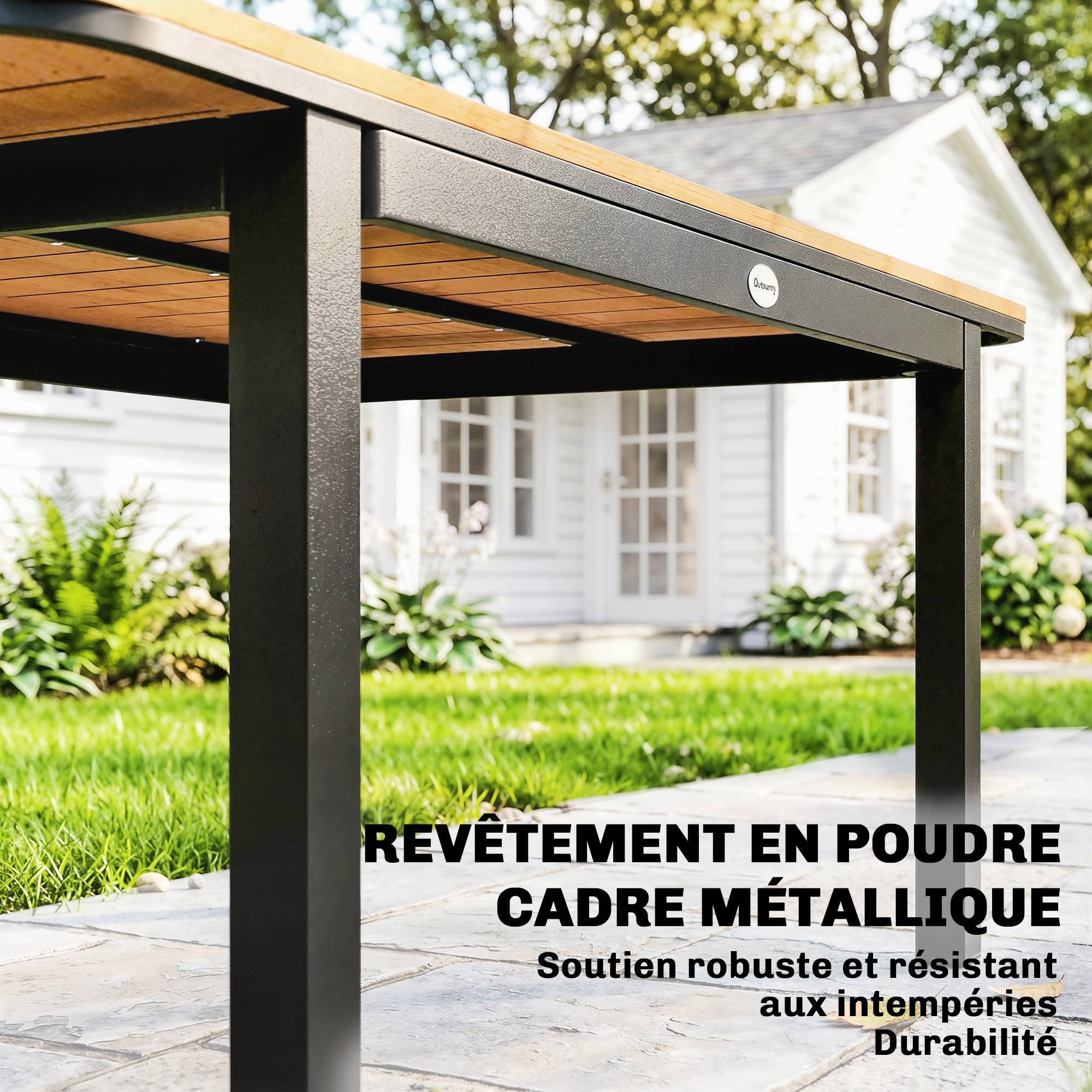 Table de Jardin 6 Personnes Rectangulaire en Bois Composite Cadre en Métal et Plateau à Lattes 127x70cm Marron - Image 8