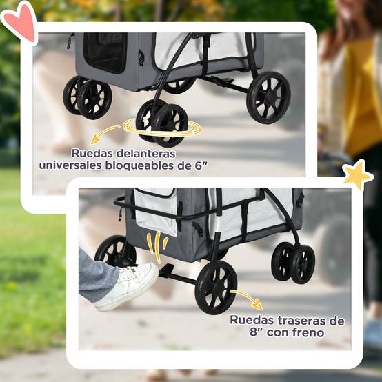 Poussette pliable pour petits chiens, avec wagon détachable, 4 portes zippées, grise - Image 9