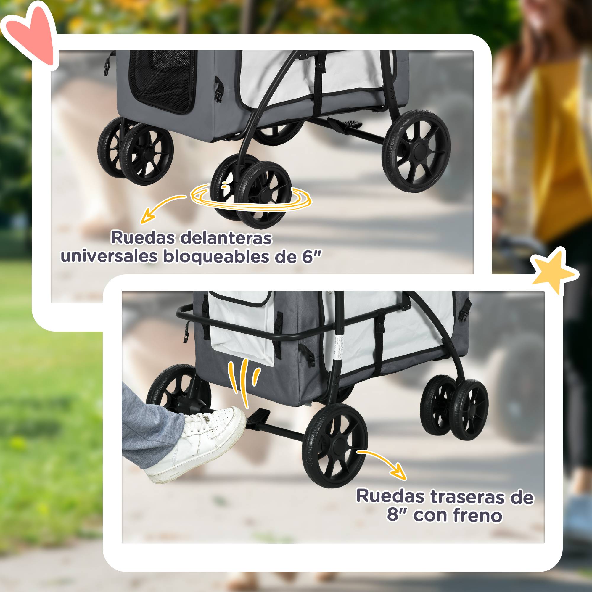 Poussette pliable pour petits chiens, avec wagon détachable, 4 portes zippées, grise - Image 9