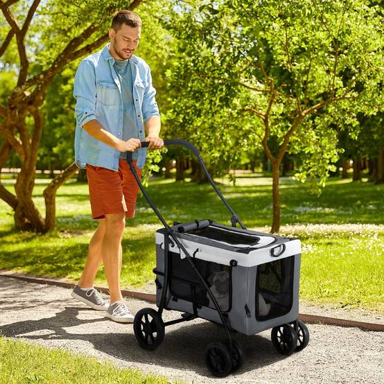 Poussette pliable pour petits chiens, avec wagon détachable, 4 portes zippées, grise - Image 3