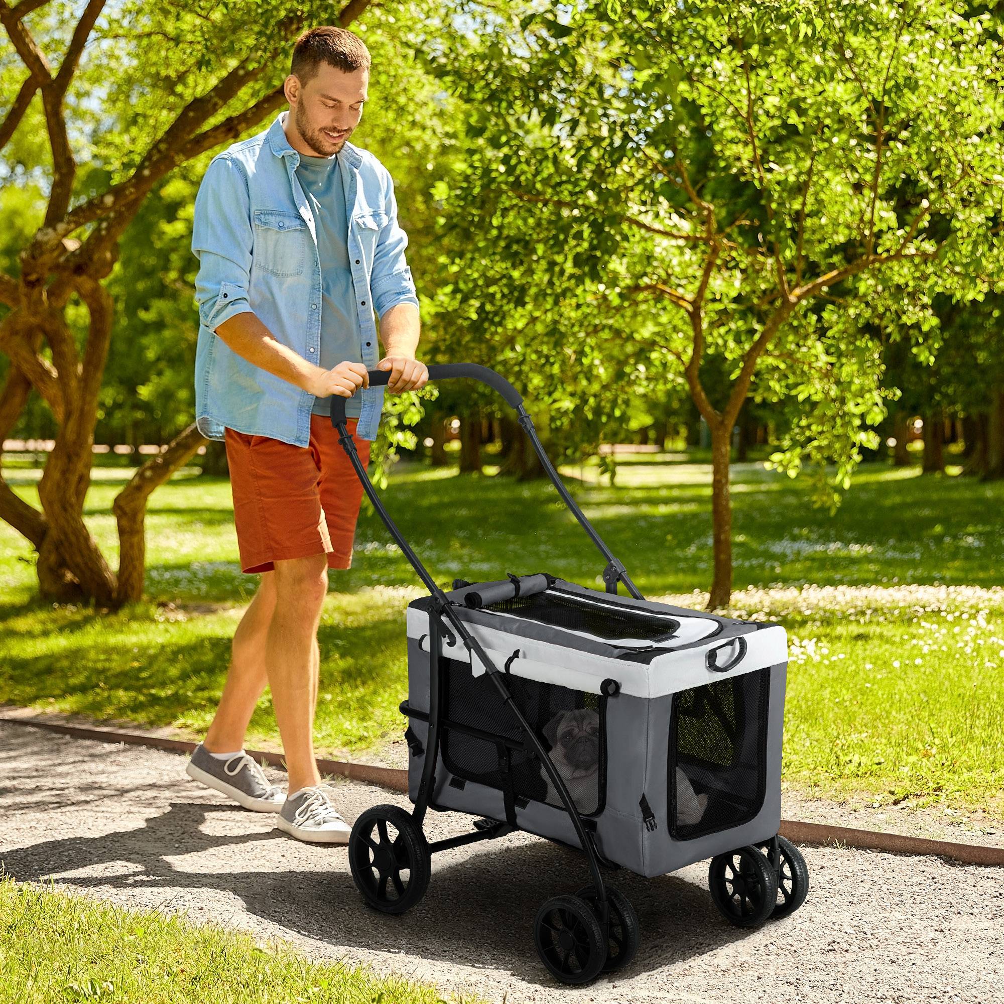Poussette pliable pour petits chiens, avec wagon détachable, 4 portes zippées, grise - Image 3