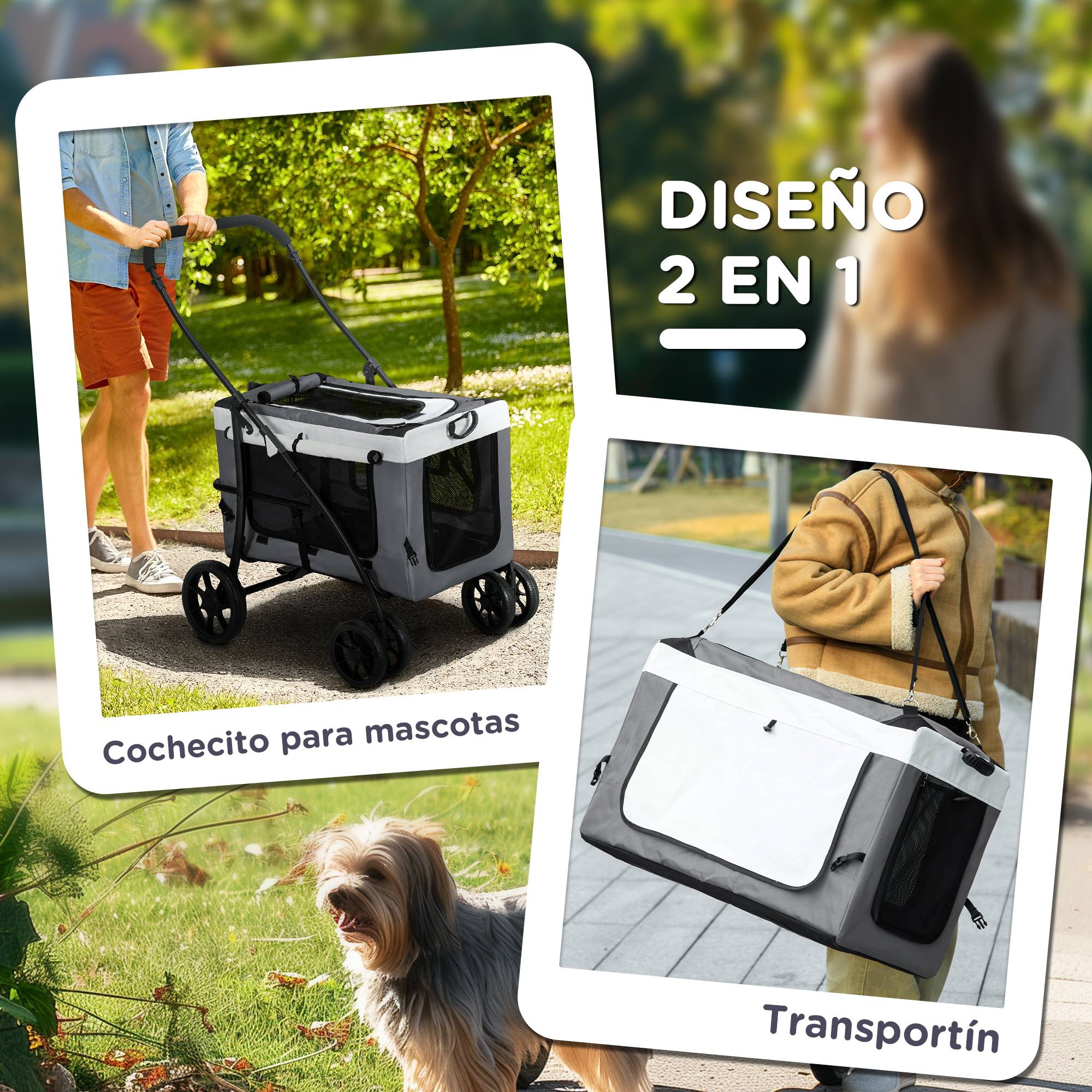 Poussette pliable pour petits chiens, avec wagon détachable, 4 portes zippées, grise - Image 7