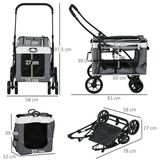 Poussette pliable pour petits chiens, avec wagon détachable, 4 portes zippées, grise - Image 5
