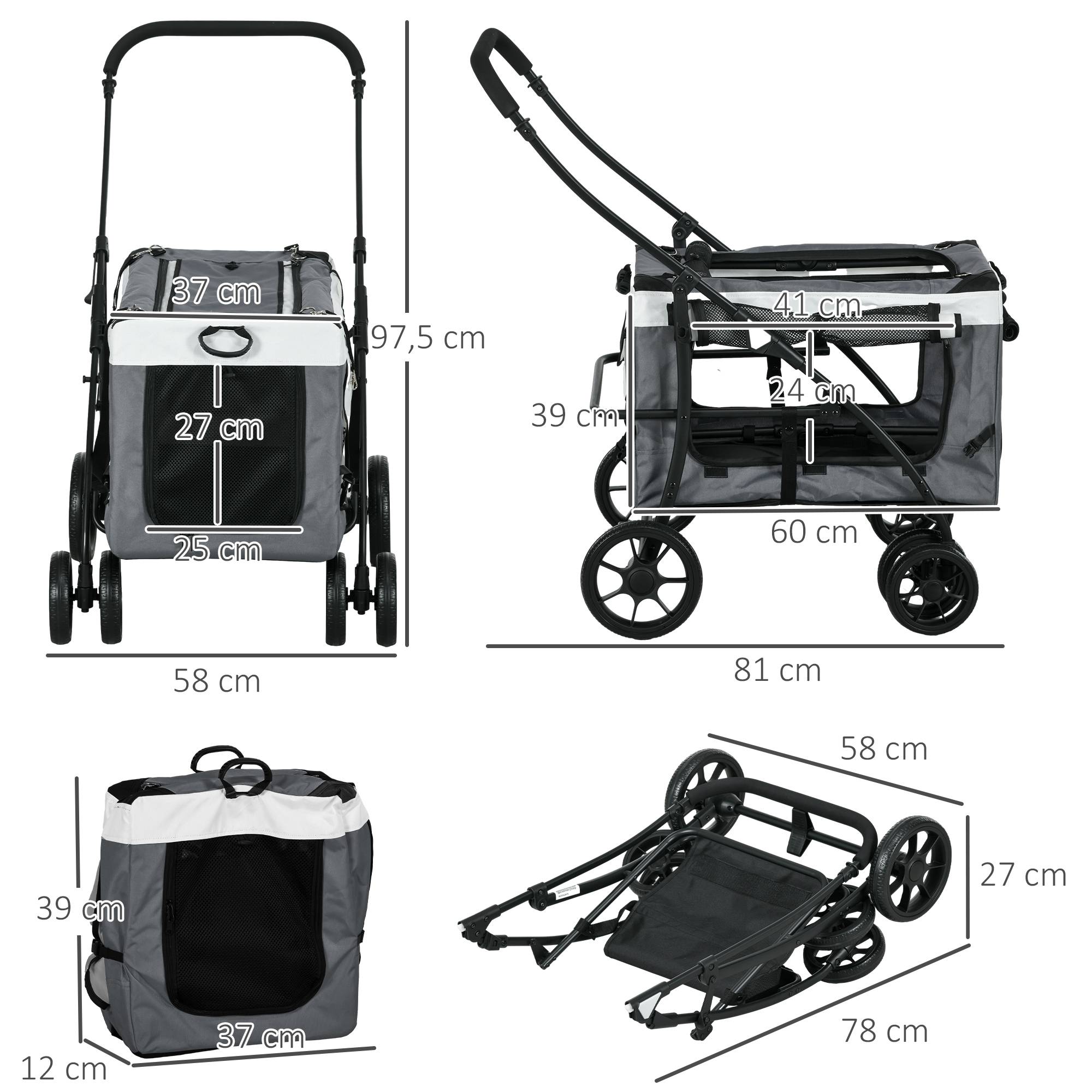 Poussette pliable pour petits chiens, avec wagon détachable, 4 portes zippées, grise - Image 5