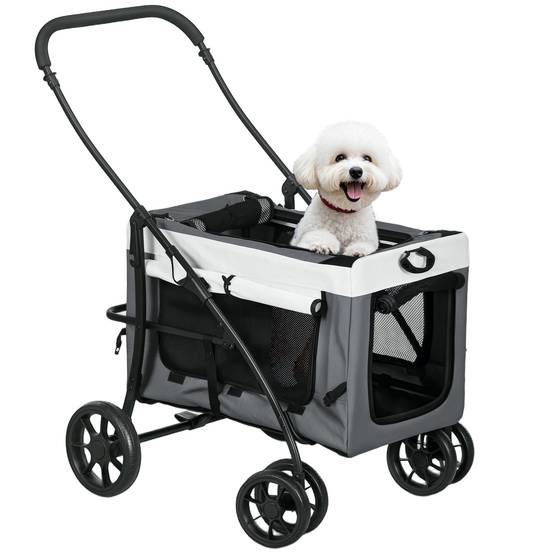 Poussette pliable pour petits chiens, avec wagon détachable, 4 portes zippées, grise - Image 1