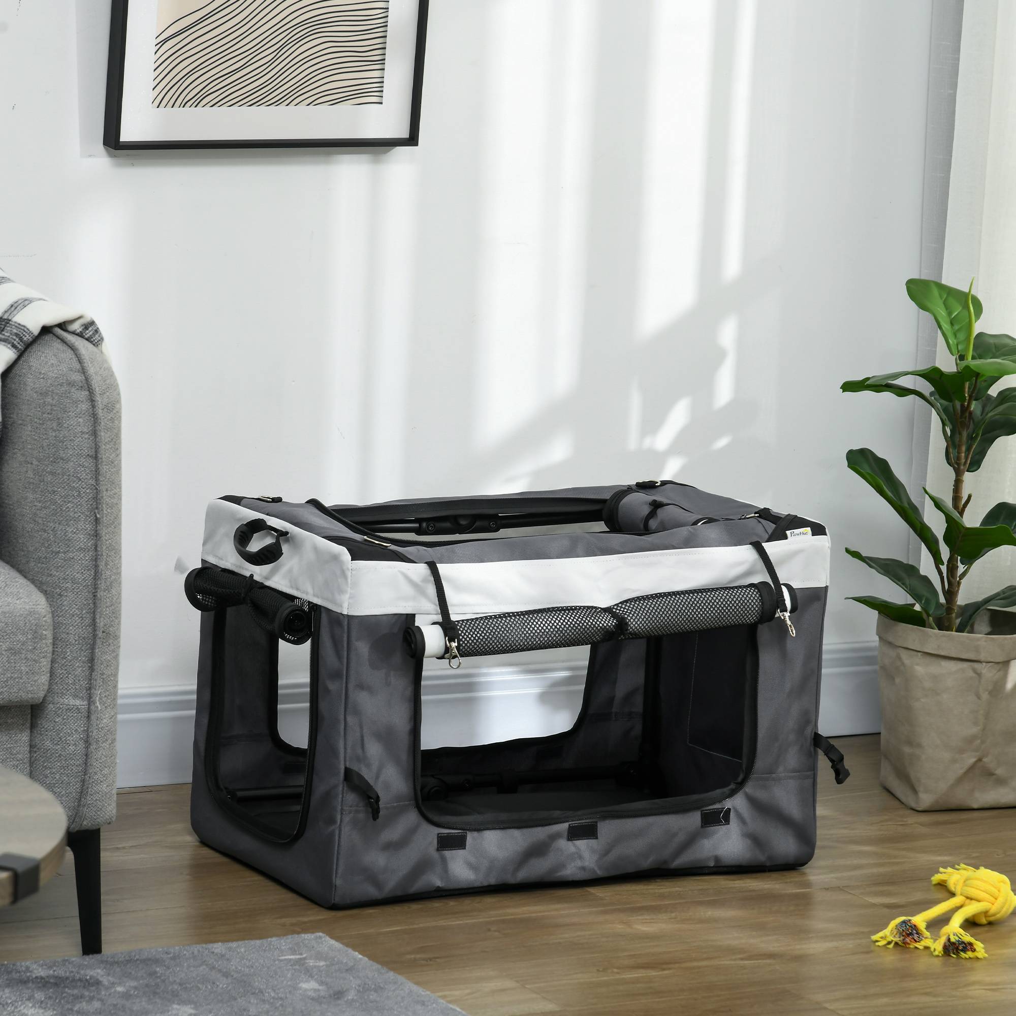 Poussette pliable pour petits chiens, avec wagon détachable, 4 portes zippées, grise - Image 10