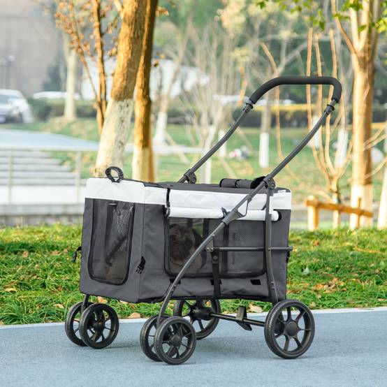 Poussette pliable pour petits chiens, avec wagon détachable, 4 portes zippées, grise - Image 4