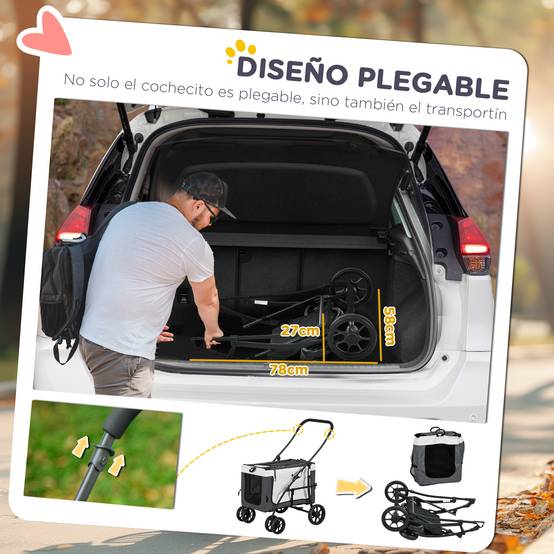 Poussette pliable pour petits chiens, avec wagon détachable, 4 portes zippées, grise - Image 8