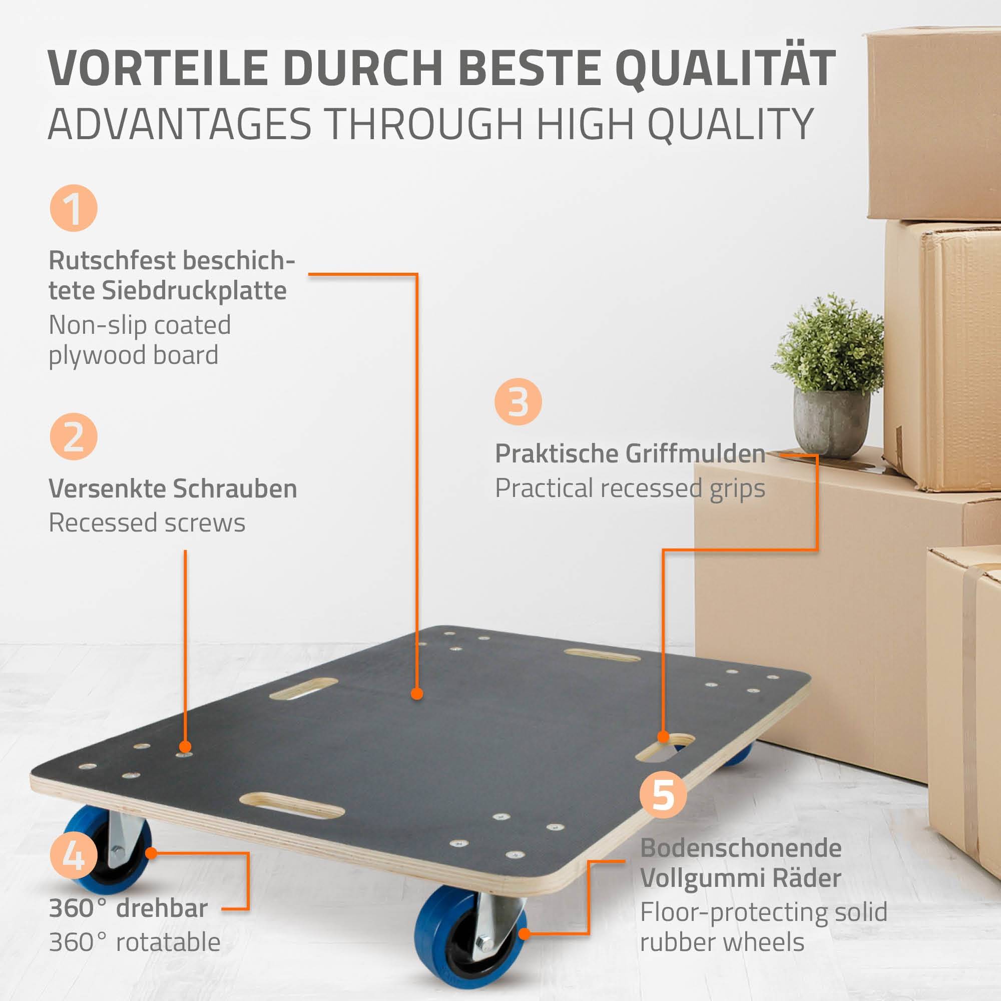 Ecd-Germany - Lot de 2 chariots de transport 60x80 cm capacité 800 kg plateau contreplaqué surface antidérapante roulettes en PP idéal pour meubles et déménagement - Imagen 3