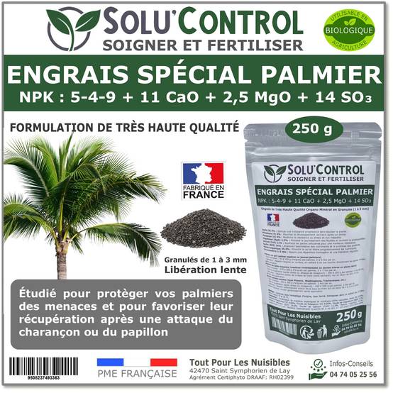 SOLU’CONTROL - Engrais Spécial Palmier 250 g - Formulation haute qualité Organo-Minerale - Idéal après attaque charançon rouge, papillon du palmier - Image 1