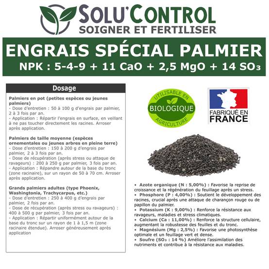 SOLU’CONTROL - Engrais Spécial Palmier 250 g - Formulation haute qualité Organo-Minerale - Idéal après attaque charançon rouge, papillon du palmier - Image 3